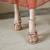 goosudu Luxury Gold Metallic Women Sandals Studded Square Heels Female Shoes Platform Flower Crystal Sexy Peep Toe Summer Ladies Pumps