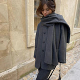 Elegant Woolen Trench Scarf Collar Coat Women Fashion Vintage Windbreakers Jacket Winter Loose Single Breasted Warm Outerwear