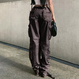 Loose low waist retro multi pocket denim pants street cargo pants  denim joggers  Casual  Wild style