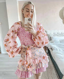 Boho Inspired women's spring summer dress long sleeve V-neck tiered ruffled dress women floral print elegant party dress