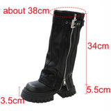 Brand Desinger Knight Women Mid Calf Boots Chunky High Heeled Platform Punk Motorcycle Long Booties Goth Street Shoes For Women