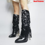 goosudu  Fashion Pointed Toe Fringe Sequined Mid Calf Boots For Women Zip Metallic Glitter Sexy Elegant Dress Long Shoes