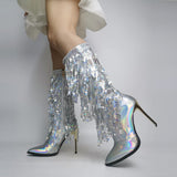 goosudu  Fashion Pointed Toe Fringe Sequined Mid Calf Boots For Women Zip Metallic Glitter Sexy Elegant Dress Long Shoes