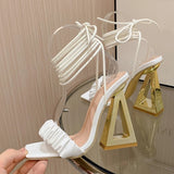 Sexy Cross Ankle Strap Women's Fretwork Heels Sandals Summer Fashion White Pleated Leather Square Toe Party Stripper Shoes