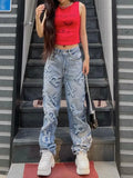 Patchwork Women's Jeans Y2K Streetwear Baggy Straight Cargo Pants Punk High Waist Wide Leg Denim Trousers 90s Vintage