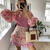 Boho Inspired women's spring summer dress long sleeve V-neck tiered ruffled dress women floral print elegant party dress