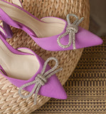 goosudu Summer Ladies Elegant Slingback Shoes Fashion Crystal Bow-knot Women Sandal Thin High Heel Pointed Toe Mules Pumps