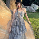 Long Fairy Dress Vintage Princess Drawstring Wrap Chest Backless Spaghetti Strap Dress Women Summer Organza Beach Dress