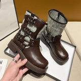 Metal Decor Chunky Platform Ankle Boots Women  Autumn Patchwork Thick Bottom Motorcycle Boots Woman Pu Leather Short Booties