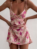 Casual Floral Elegant French Dress Summer Women Sexy Backless Bandage Halter Pink Flower Print Beach Style Mini Dress