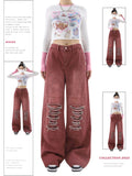 Women's Vintage Red Baggy Jeans 90s Aesthetic High Waist Denim Trousers Korean 2000s Y2k Harajuku Wide Pants Trashy Clothes