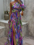 Drauuing Purple Print Side Split One Sleeve Maxi Dress Sexy Hight Split Loose Hem One Shoulder Print Beach Party Dresses