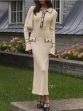 Ruffled Fashion Knit Dress Women Autumn Ribbed Contrast Long Sleeve High Waist Lapel Gown Dress Knitwear Ladies Maxi Dress