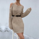 Jenvon Coran Women Autumn Winter Knited Sweater Dresses,  Pullover Tunics, Female Sexy Off The Shoulder Long Sleeve Mini Dress.