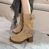 Women Casual Shoes Vintage Cowboy Boot Frosted Leather Thick Heel Brown Fashionable Soft Leather Shoes Mid Length Boots