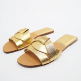 Women's Summer Gold Kbot Flat Sandal Sexy Thin Straps Luxury Slippers Square Toe Flip Flops Casual Beach Flats