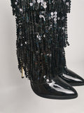 Fashion Pointed Toe Fringe Sequined Mid Calf Boots For Women Zip Metallic Glitter Sexy Elegant Dress Long Shoes