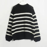 Black and White Striped Sweater Woman Hollow Out Knitted Jumper Oversized Sweater Autumn Winter Pullover Knitwear