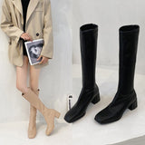 goosudu New Winter Style with Fleece Medium Chunky Heel Knight Boots Women's High Tube Thinner-looked High Heel Shorty Long Boots