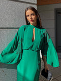 Beading Dark Green Stand Collar Flare Sleeve Satin Maxi Dress Party Women Elegant Long Spring Summer Robe Vestidos