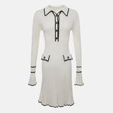 Ruffled Fashion Knit Dress Women Autumn Ribbed Contrast Long Sleeve High Waist Lapel Gown Dress Knitwear Ladies Maxi Dress