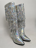 Fashion Pointed Toe Fringe Sequined Mid Calf Boots For Women Zip Metallic Glitter Sexy Elegant Dress Long Shoes