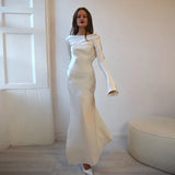 Elegant Women's Autumn Evening Dress Backless Long Sleeve Solid Satin Split Maxi Dress Femme Chic Slim Party Dresses