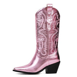 Metallic Cowboy Boots Pink Western Cowgirls Boots For Women Pointed Toe Stacked Heeled Mid Calf Brand Design Embroideried Shoes