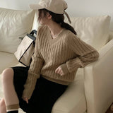 Women's Twist Pullover Knitted Sweater Solid Casual Jumper Fall Winter Vintage Embroidered V-Neck Long Sleeve Top