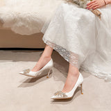 goosudu Spring New White Women Bridal Wedding Shoes Faux Silk Satin Rhinestone Crystal Shallow Pumps Stiletto High Heel T