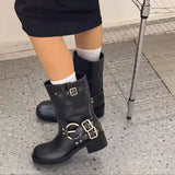 Rimocy Fashion Buckle Motorcycle Boots Women Round Toe Med Heels Ankle Boots Woman Pu Leather Square Heel Autumn Booties