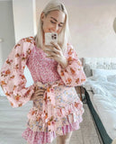 Boho Inspired women's spring summer dress long sleeve V-neck tiered ruffled dress women floral print elegant party dress