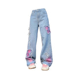 Women's Blue Butterfly Jeans Baggy Vintage Y2k Denim Trousers 2000s Harajuku Wide Leg Cowboy Pants Trashy 90s Aesthetic Clothes