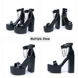 goosudu Open Toe Metal Chain Chunky Heeled Strappy Sandals For Women Platform Block High Heels Summer Black Punk Shoes Woman