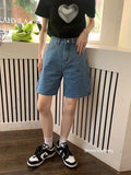 Blue Woman's Jean Shorts High Waist Summer Wide Leg Pants Baggy Chic Design Streetwear Embroidery Fashion Straight Denim Shorts