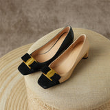 Pumps Shoes Women Mid Heel Spring Sheepskin Square Toe Thin Heel Metal Decoration Party Black Handmade Shoe Big Size 42