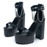 goosudu Open Toe Metal Chain Chunky Heeled Strappy Sandals For Women Platform Block High Heels Summer Black Punk Shoes Woman