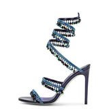 Brand Women's Serpentine Winding Tape Crystal Sandals High Heel Ankle Snake-shaped Lace-ups Sexy Rhinestone Woman's Shoes 34-43