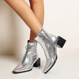 Big Size 34-48 Ankle Boots Women Silver Black Front Zipper Short Boots Ladies Thick Chunky Medium Heel Biker Boot Shoes