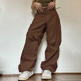 Women Oversized Tech Pants Casual Solid Drawstring Low Waist Baggy Trousers Y2K Vintage Hippie Joggers Cargo Pants Streetwear