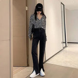 Women Casual High Waist Solid Straight Jeans Side Split Blue Denim Trousers Solid Streetwear Jeans Baggy Pants Pantalons Capris