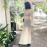 Summer Y2K Knitted Hollow Out Maxi Dress Beach Holiday See Through Cover-Ups Wrap Bodycon Chic Women Backless Long Dresses