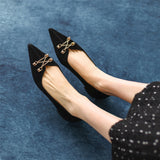 Black Loafer Shoes Women Spring Suede Sheepskin Low Heel Luxury Pumps for Ladies Metal Decoration Pointed Toe Handmade 42