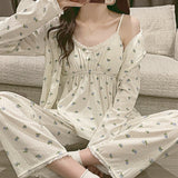 Goosudu Pajama Three Piece Set Print Camisole Cardigan with Chest Pad Trousers Homewear Women's Spring Summer Mori Girl Style