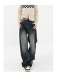 Harajuku Streetwear Retro Fashion Autumn Women High Waist Jeans Loose Wide Leg Straight Loose Denim Trousers Y2K Baggy Pants