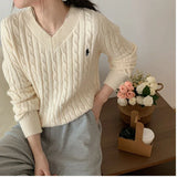 Women's Twist Pullover Knitted Sweater Solid Casual Jumper Fall Winter Vintage Embroidered V-Neck Long Sleeve Top