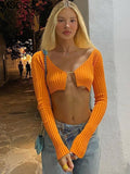 Knitted Long Sleeve Crop Top Women V-Neck Open Front Sexy Woman T-shirts Club Party Y2K Top Spring Autumn Cropped Sweater