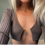 Knitted Long Sleeve Crop Top Women V-Neck Open Front Sexy Woman T-shirts Club Party Y2K Top Spring Autumn Cropped Sweater