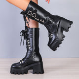 Punk Thick Platform Long Boots Women Autumn Metal Buckle Pu Leather Boots Shoes Woman Chunky Heels Mid Calf Botas Mujer