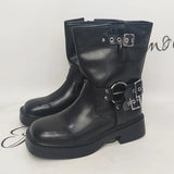 Rimocy Fashion Buckle Motorcycle Boots Women Round Toe Med Heels Ankle Boots Woman Pu Leather Square Heel Autumn Booties